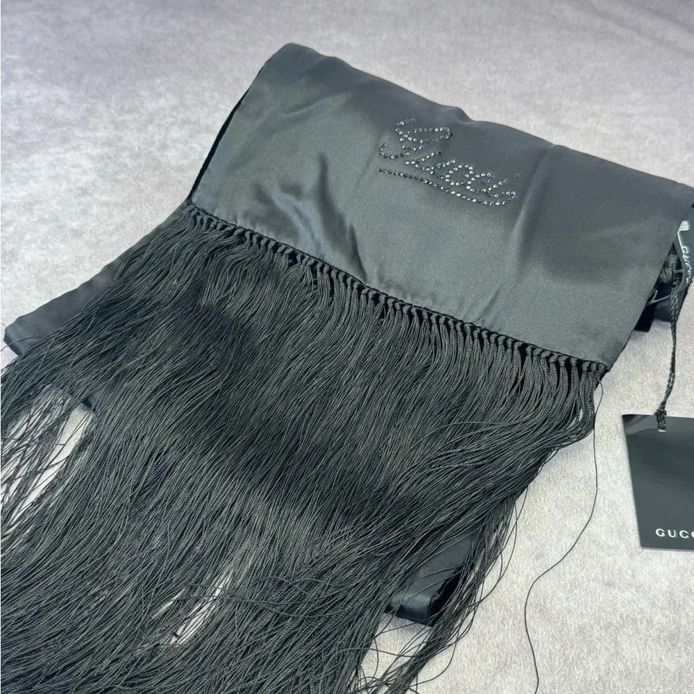Gucci NWT Crystal Script Logo Velvet & Satin Fringe Scarf